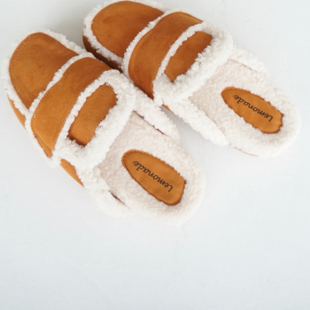 Lemonade Cream and Tan Fuzzy Slippers
